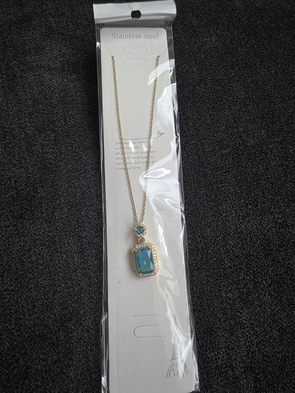 Gold-Tone Necklace with Blue Rectangular Crystal Pendant